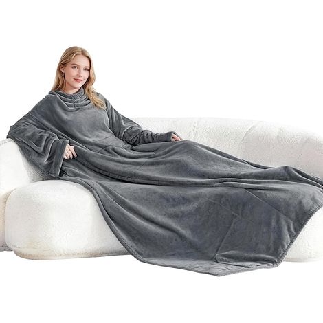 Manta gris con mangas, 140×180 cm, bolsillos, ideal para sofá, oficina o camping. (1/5)