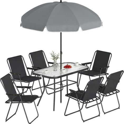 Beyamis 8-teiliges Garten-Set mit Sonnenschirm, 6 Klappstühlen und schwarzem Gartentisch aus gehärtetem Glas