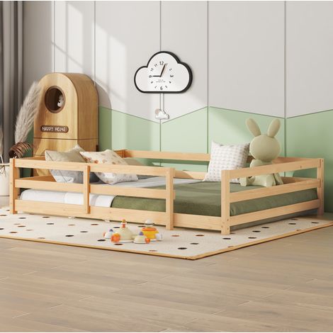 Lit enfant 140x200 cm naturel avec barrière 4 côtés, en bois de pin, sans matelas MEUBLIV (1/5)