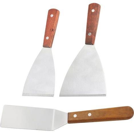Ensemble de spatules pour plaque de cuisson, spatules pour plaque de cuisson robustes avec manche en bois, spatules pour teppanyaki en acier inoxydable, 3 pièces (1/5)