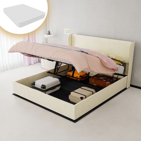 Lit rembourré moderne et minimaliste avec tête de lit confortable, 160x200 cm, beige, équipé d'un coffre de rangement à vérins à gaz, matelas 160x200 cm inclus