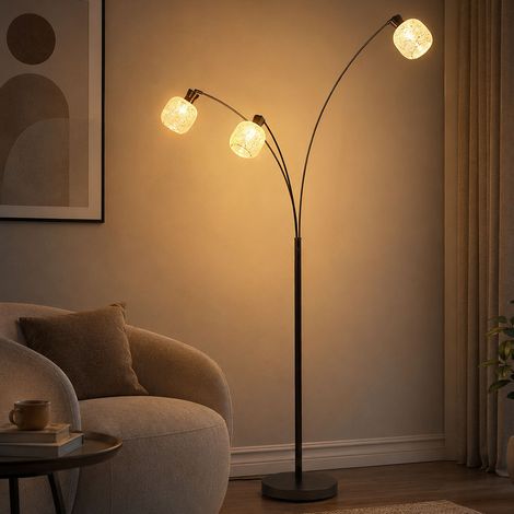 Lampadaire de lecture pour salon, noir-chrome mat, verre, interrupteur, H 200 cm (1/5)