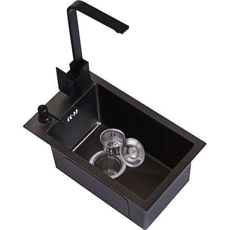 Évier Cuisine 1 Bac SUS304 Évier de cuisine en acier inoxydable Noir Petit évier Pour laver les légumes et la vaisselle avec Mitigeur cuisine Mousseur robinet 38 x 30 x 22CM noir (1/5)