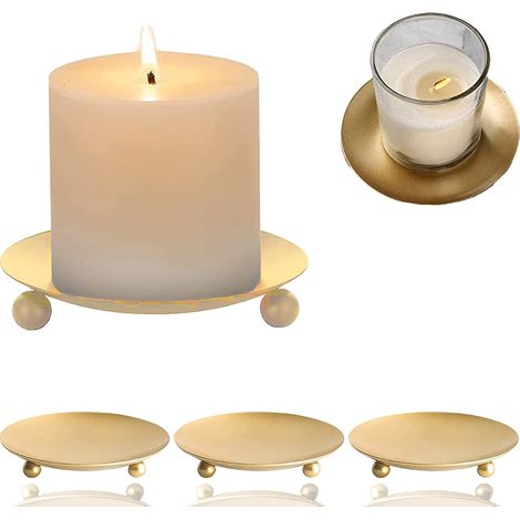 4 platos de metal dorado para velas de 12x1,5 cm, candelabros para bodas y cenas. (1/5)