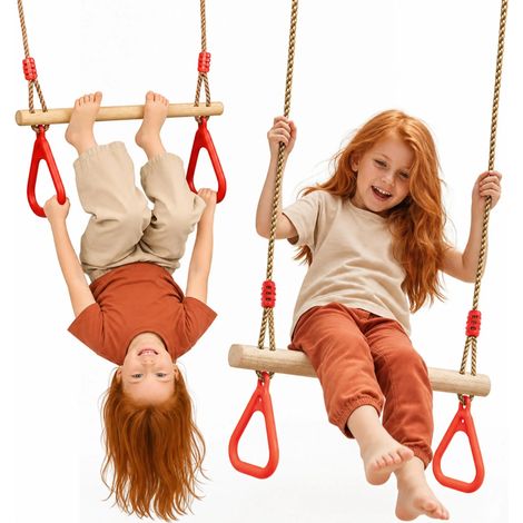 Goodevas Trapezstange mit Turnringen für Kinder – Holz-Schaukel, massive Kiefer, höhenverstellbar 110–198 cm, In- & Outdoor (1/5)