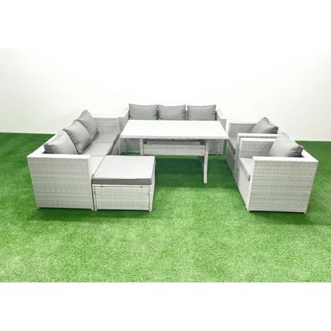 Fimous Rattan Garden Furniture Set Outdoor 8 Seater Patio Dinin g Sofa Sets with Dining Table 2 Chairs Big Footstool Light Grey Mixed (1/5)