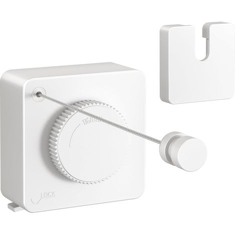 Corde à Linge Rétractable Anti-Affaissement 4m–Verrou Tension 18kg Corde à linge rétractable avec verrou anti-affaissement. 4 m,18 kg.Tension réglable,fil inox 304.Carré blanc design (1/5)