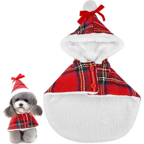 Chien Chat Costume de Noël, Hiver Hoodies Cape vêtements pour Animaux de Compagnie Rouge Plaid de Compagnie (1/5)