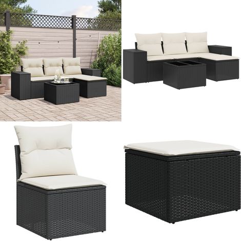 5-tlg. Garten-Sofagarnitur mit Kissen Schwarz Poly Rattan - Gartenmöbel - Gartensortelement - Outdoor Möbel - Lounge Set - Rattan Gartenmöbel - Home & Living