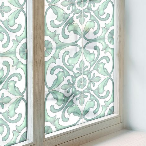 Sichtschutzfolie 100x100 cm PVC Sichtschutz Fenster Dekorativ Dekorfolie Blickdicht Selbstklebend Folie für Badezimmer Milchglas Grüne Symmetrie