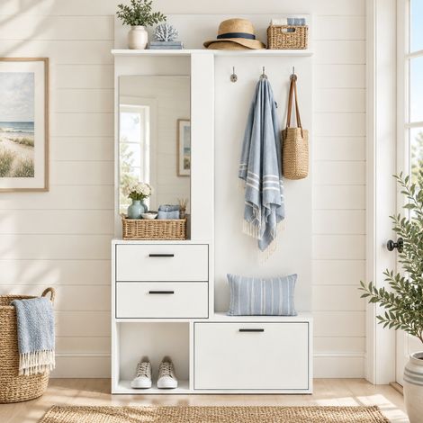 Mobile portascarpe con specchio, 2 cassetti, 3 ganci, 90 x 30 x 180 cm, bianco OKMYHOME (1/5)