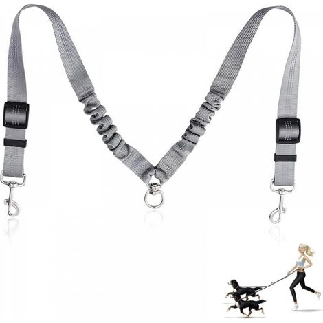 Laisse double fendue pour chien - Double laisse réfléchissante - Sans enchevêtrement - Réglable - Avec rotation à 360° - Gris (1/5)