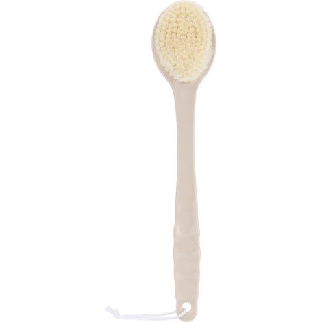 Brosse de douche ergonomique Manche long 35 cm Double face massage doux Poils souples Design relief Blanc crème pour le dos (1/5)