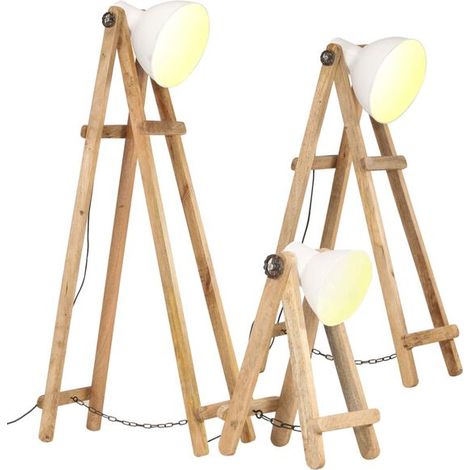 Ensemble de trois lampadaires, blanc, culot E27, bois de manguier massif. (1/5)