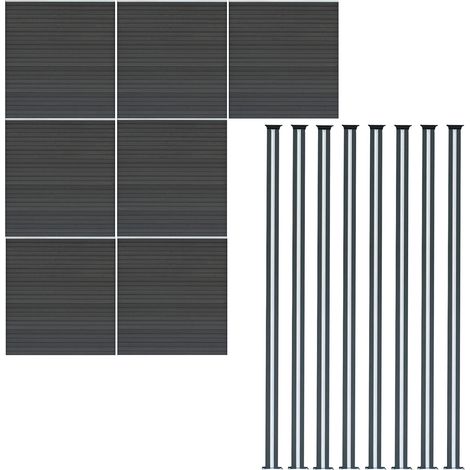 Kit Clôture 7 Panneaux Composite Plastique Gris 9 Lames à Emboîter 185 cm H x 1218cm L & 8 Poteaux en Aluminium à LED Solaires Texture de Bois Reversible PVC Brise-Vue Extérieur Jardin Mur d'Intimité