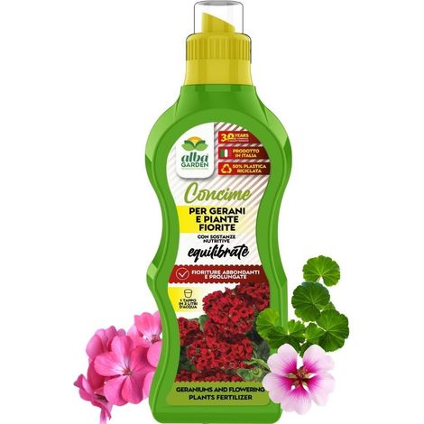 Concime Naturale Biologico, per Gerani e Piante Fiorite Nutrimento Liquido Concentrato per Abbondanti Fioriture x 1 kg (1/5)