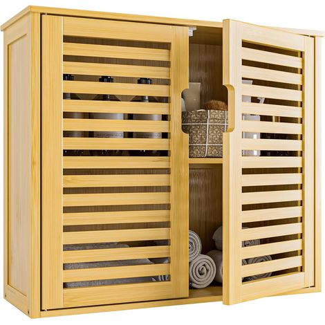Armoire Salle de Bain Murale, Armoire à Pharmacie en Bambou 2 Portes avec Étagère Réglable, Meuble de Rangement Suspendu pour Salon, Cuisine et Entrée, Naturel (1/5)