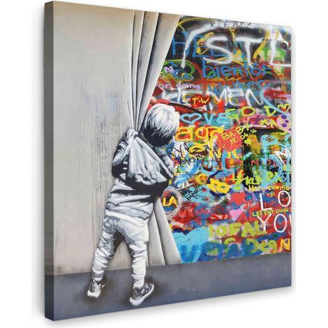 TABLEAU SUR TOILE Graffiti - Garçon - Ilussie - Street art Tableau Chambre Adulte 90x90 cm