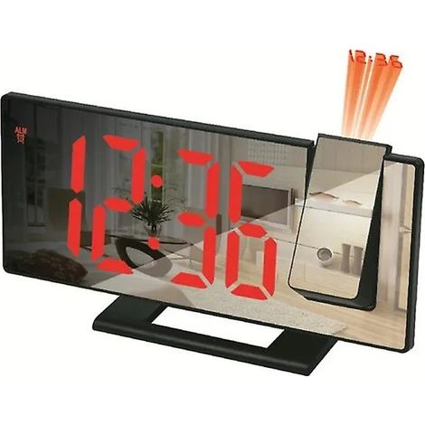 Réveil numérique LED à projection, horloge de plafond avec affichage de l'heure et de la température, rétroéclairage et fonction snooze, noir et rouge. (1/4)