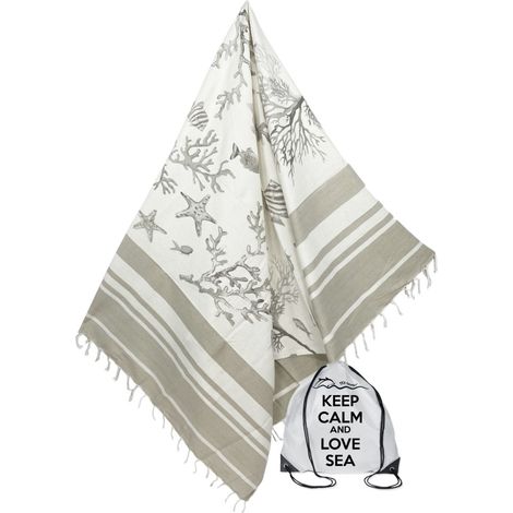 TELO MARE fouta CORALLI Beige MISURA Grande CM.100X200 con zaino Spiaggia KEEP CALM