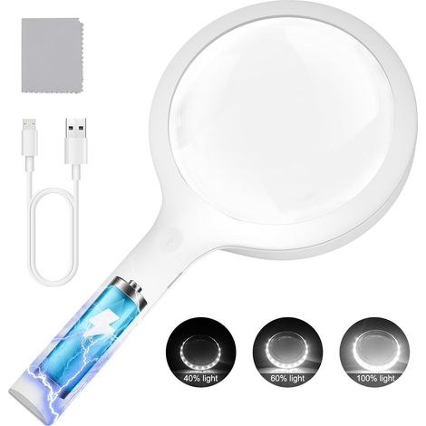 Lente d'ingrandimento 30X – 11 cm – 20 LED a luce diurna – 3 livelli di luminosità – Ricaricabile – per anziani, per ispezioni, monete e gioielli (1/4)