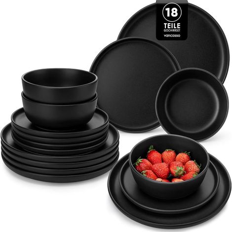 Geschirrset 6 Personen Steingut Schwarz 18 Teile Set Schwarz (1/5)