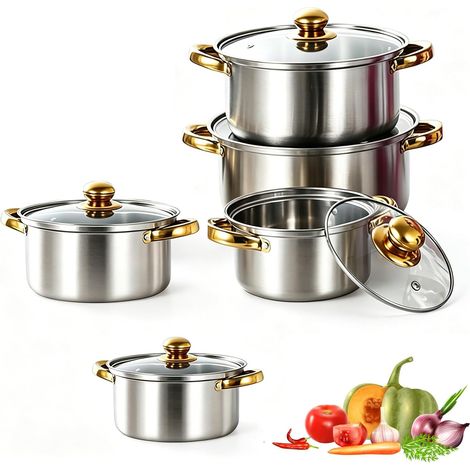 Lot de 10 casseroles en acier inoxydable avec couvercles, diamètre 18/20/22/24/26 cm (1/5)