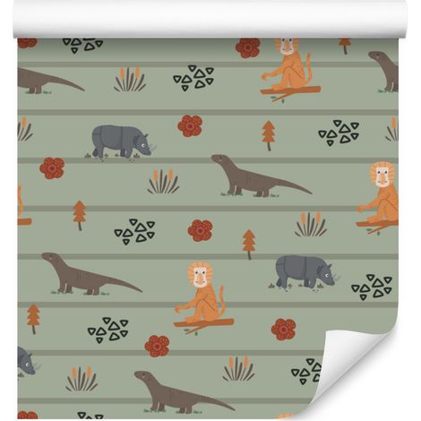 Papier peint à motif de flore et de faune tropicales, vert citron et beige, 50 x 1000 cm (1/5)
