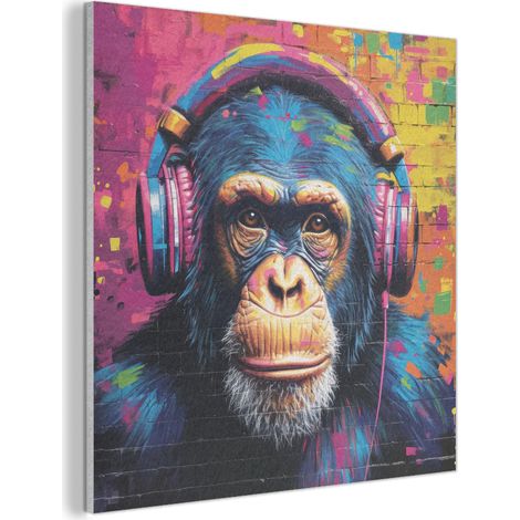 CUADRO ACÚSTICO Graffiti - Chimpancé - Arte callejero - Auriculares - Mono Cuadros Decoracion Salon Modernos 90x90 (1/5)