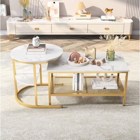Couchtisch Set (89.0x57.0x11.0 cm), platzsparendes Nesting Design, Stauraum, Holz und Edelstahl, golden (1/5)