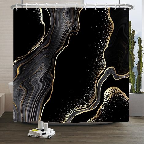 Rideau de Douche en marbre Noir Rideau de Douche imperméable à la Poudre d'or Rideau de Douche Abstrait en marbre Noir et Taches d'or Lavable Tissu résistant aux moisissures 150x200cm (1/5)