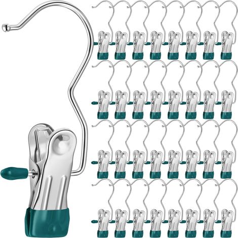 Porte-chaussures pour placard, crochets à linge avec pinces – Idéal pour jeans, chapeaux, bottes hautes, serviettes – 33 unités (vert)