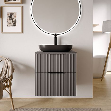 Waschtischunterschrank Bernstein TIM 60 cm für Aufsatzwaschbecken Badmöbel: Anthrazit matt profiliert, Metallgriff: Schwarz matt, Waschtischplatte: Weiß glänzend (1/5)