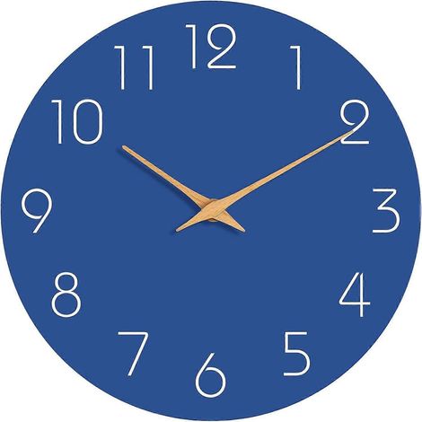 Horloge murale bleue minimaliste  Aiguilles en bois de 30 cm  Silencieuse (sans tic-tac)