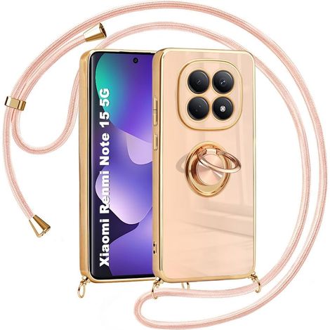 Coque avec Cordon pour Xiaomi Redmi Note 15 5G(EU) Coque avec Anneau, Aimant Support de Voiture Housse Bumper, Antichoc Silicone TPU Souple, Collier Réglable Housse, Or Rose (1/5)