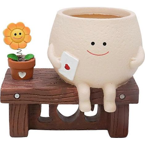 Cute SmileyFace pot de plantation Sitting Sunflower pot de fleur résine tête jardinière pour extérieur Funny Sit Chair (1/5)