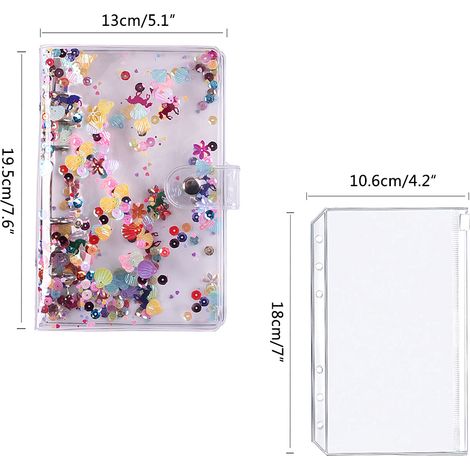 Classeur de budget A6 avec couverture transparente à paillettes, 8 poches zippées, pochette pour cartes, double pochette pour étiquettes, coque colorée