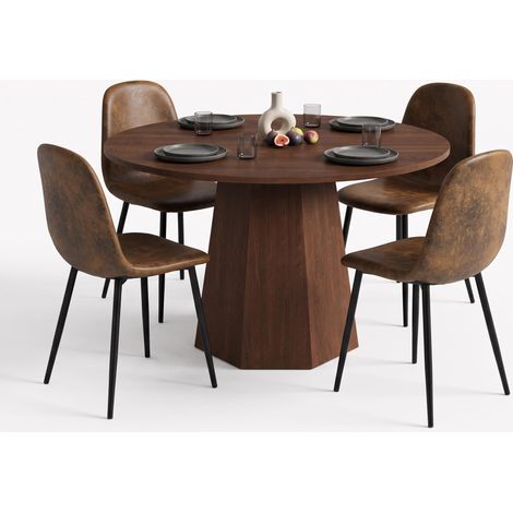 FurnitureR 5-Piece Dining Set, Ø120CM Dark Wood Round Table & 4 Brown Suede Chairs (1/5)