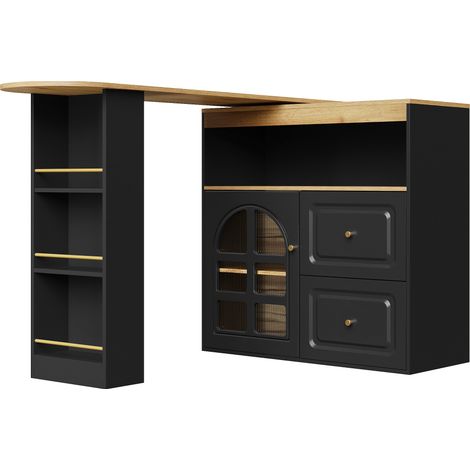 Aparador giratorio 360° de MDF negro con puertas de vidrio templado y 2 cajones (1/5)