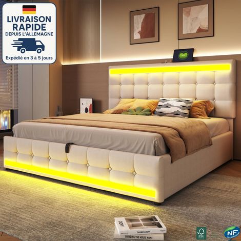 MODFU - Cama abatible para adultos 180x200cm con LED, hidráulica, tapizada, puerto USB, somier, sin colchón, lino, beige (1/5)
