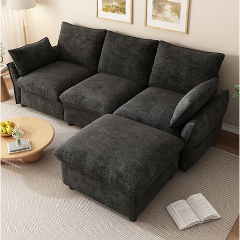 Ecksofa 222,5 x 154,5 x 76,5 cm dunkelgrau mit Ottomane, Chenille, MEUBLIV (1/5)