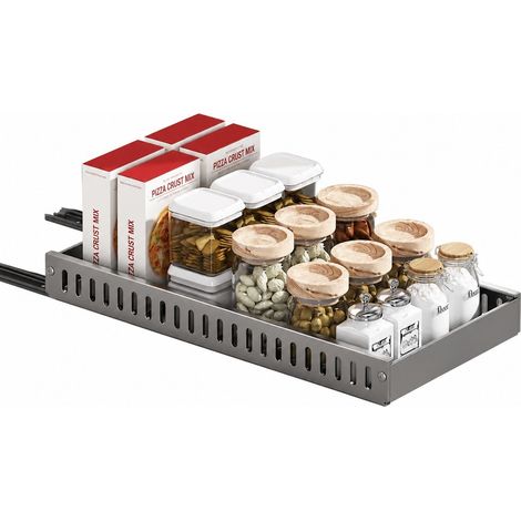 Étagère de rangement coulissante pour casseroles, grise, 42 cm, support à couvercles réglable, rail coulissant, à poser sur le plan de travail (1/5)