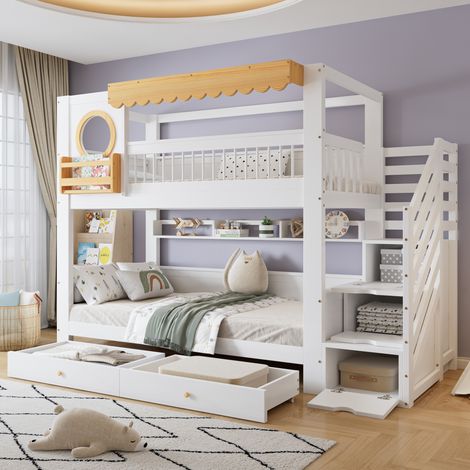 Lit superposé enfant moderne bois massif+MDF blanc/naturel 90x200 cm avec escalier rangement, étagères et 2 tiroirs (1/5)