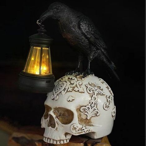 Lampe de Corbeau Gothique D'Halloween en Résine, Sculpture de Crâne de Corbeau, Veilleuse pour Décorations D'Halloween B,Noir (1/5)