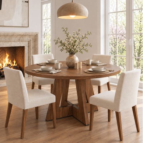 Mesa de comedor redonda 120x120x75 cm de MDF nogal, 4 a 6 personas - MEUBLIV (1/5)