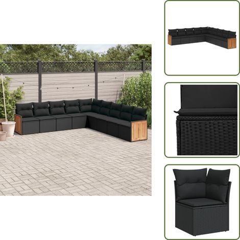 The Living Store 9-tlg. Garten-Sofagarnitur mit Kissen Schwarz Poly Rattan - Gartengestelle - Gartenmöbelset - Rattan Möbel - Lounge Set - Gartenlounge (1/5)