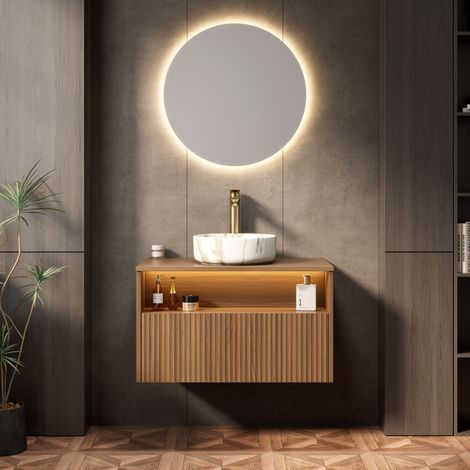 Mueble de baño con lavabo suspendido 80 cm minimalista, roble marrón, lavabo cerámico blanco, 1 cajón y estante LED