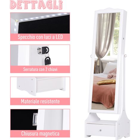 Porte-bijoux mural avec miroir, meuble de rangement à tiroirs pour accessoires, organisateur pour armoire, 150x45x36 cm (1/5)