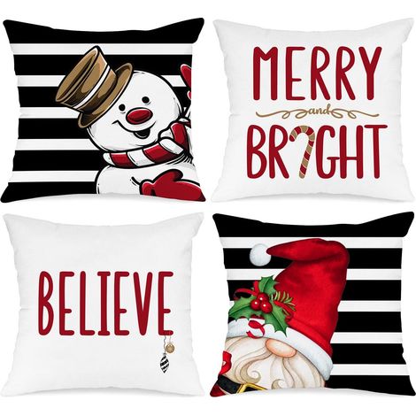 Fundas decorativas para cojines navideños de exterior, 45 x 45 cm, juego de 4, impermeables, rojas y negras, con diseño de muñeco de nieve y gnomo. (1/5)
