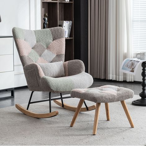 Chaise fauteuil à bascule velours coloré avec pouf 93 cm duo OKMYHOME (1/5)